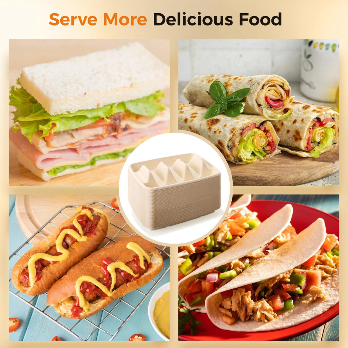 JUSTDOLIFE 150 PCS Disposable Taco Holders for Party, Bagasse Pulp 3-Slot Taco Plates, Taco Plates With 3 Dividers, Recyclable Plant Fiber Food Serving Tray for Taco Sandwich Pancake Hot Dog