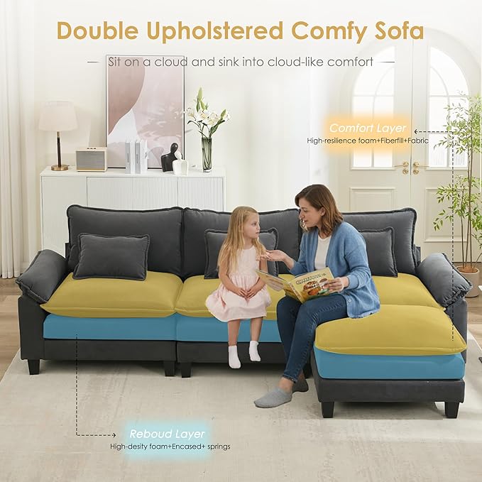 URRED Cloud Couch Modular Sectional Sofa, 122'' Modern L Shaped Deep Seat Sofa with Ottoman & Pillows, Ultra Comfy Velvet Couches for Living Room, Bedroom or Apartment, Dark Gray