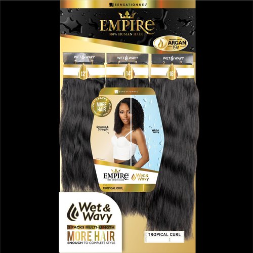 Sensationnel Empire multi weave hair - wet and wavy tropical curl human hair 3 bundle layered lengths (14 16 18 inch, 1B OFFBLACK)