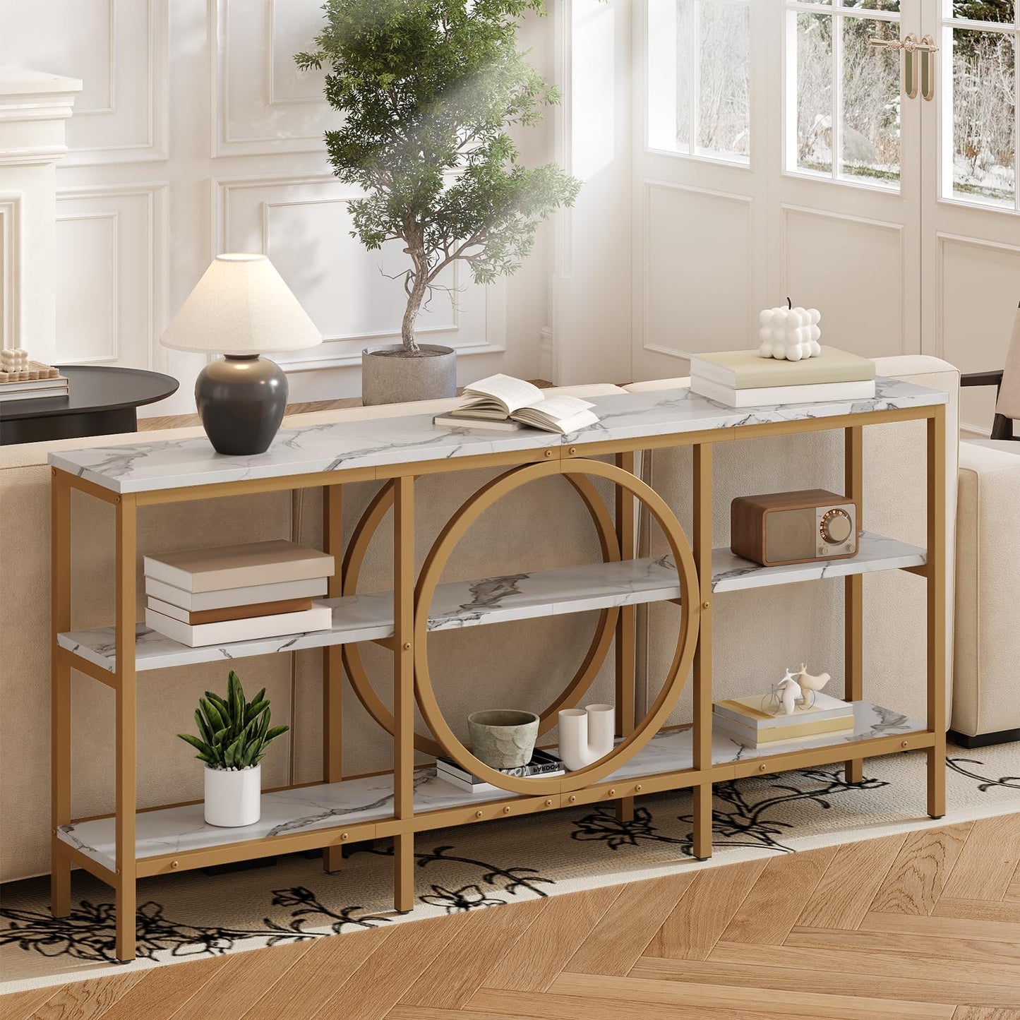 Tarnorci Modern Console Table, 3-Tier Entryway Table with Storage Shelf, 66.9‘’ White Wood Living Room Furniture Bright Decor, Hallway Table for Behind Couch (White+Champagne Gold)
