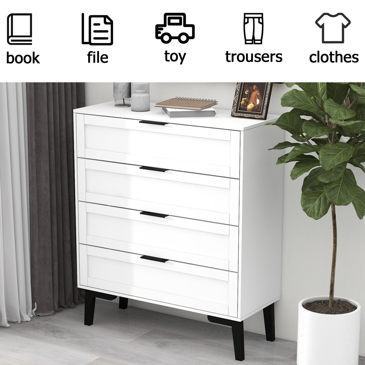 TaoHFE White 4 Drawer Dresser for Bedroom,Wood Lingerie Chest of Drawers for Bedroom,Modern 36inch Tall White Dresser for Bedroom Living Room, Entryway, Cloakroom