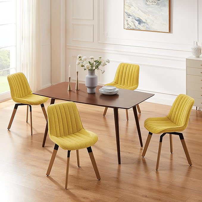 Art Leon Swivel Dining Chairs Set of 2, Mid Century Modern Kitchen Dining Room Chairs, Upholstered Fabric Armless Side Chair with Wood Legs for Living Room Bedroom, Yellow