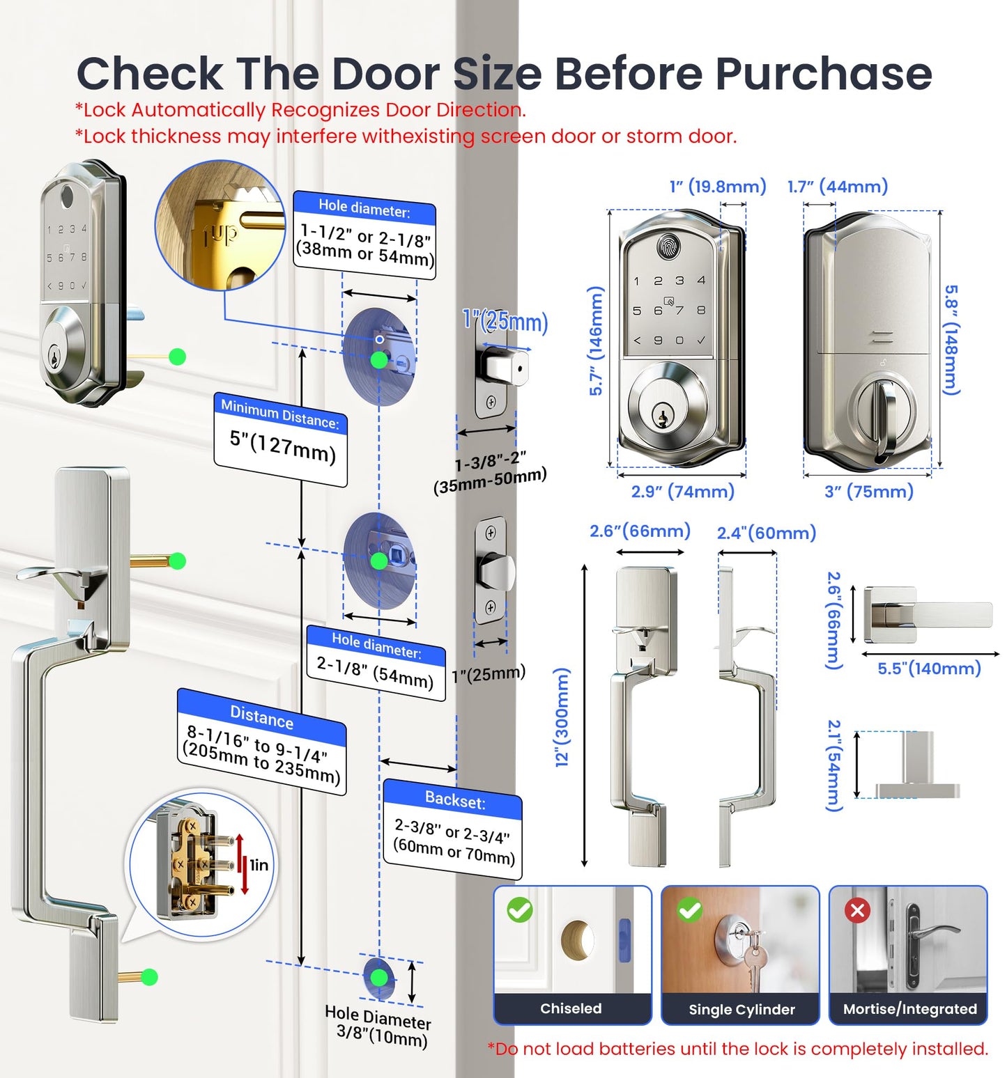 Veise VE017-D Smart Fingerprint Front Door Lock Set, App Control, 8-in-1 Keyless Entry Deadbolt with Lever Handle, Touchscreen Keypad, IP55 Weatherproof, Auto Lock, Easy Install, Satin Nickel