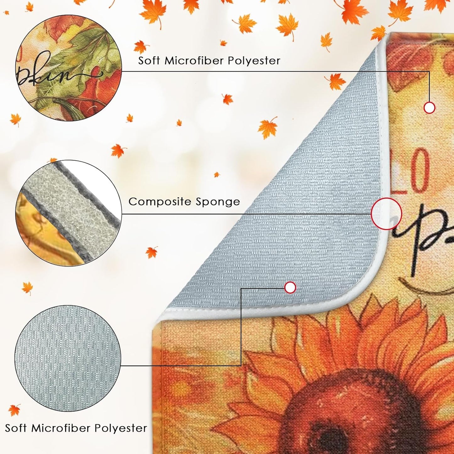 Sanwarm Absorbent Dish Drying Mat, Hello Pumpkin Flower Tree Microfiber Pad for Kitchen Counter, Vintage Fall Leaves for Coffee Bar Decor, Heat Resistant and Reversible, 16" x 18"