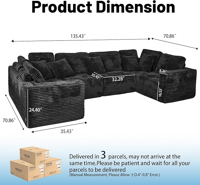 SEENYOO 135.5" Cloud Sectional Couch,Boneless Corduroy Sofa for Living Room,Oversized U Shaped Sofa with Chaise,Deep Seat,No Assembly Required,Modular Sectional Couches（Black）