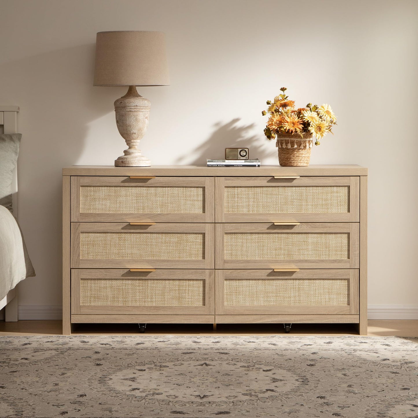 SICOTAS Rattan Dresser for Bedroom, 56.9" Wide 6 Drawer Dresser with Ample Storage, Dressers Large Chest of Drawers, Closet, Boho TV Stand for Bedroom (Reclaimed Light Oak, 1 Piece)