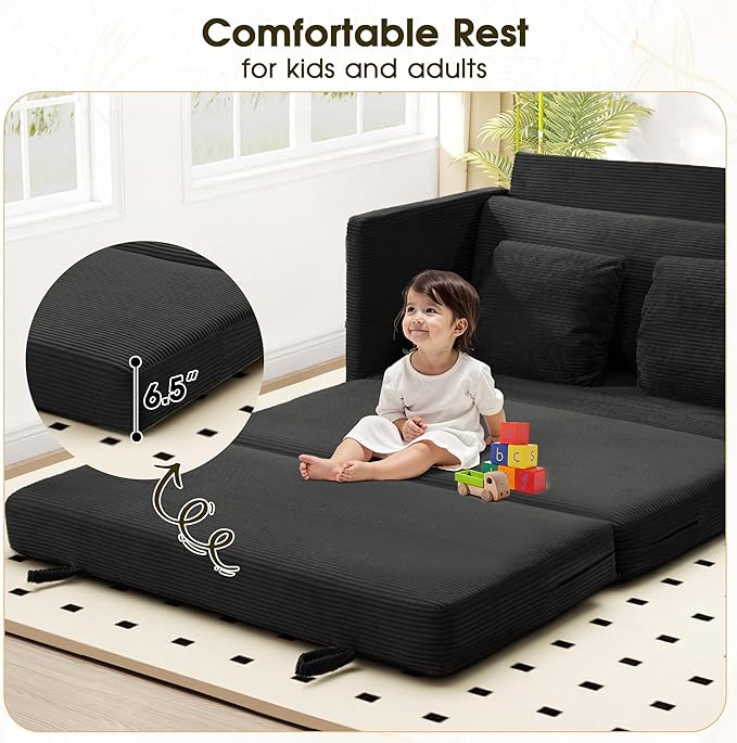 Myroyalsit 65" Convertible Loveseat Sofa Bed, 2-in-1 Folding Sofa Bed with 2 Pillow for Small Spaces, Modern Loveseat Sleeper Couch for Apartment, Living Room & Guest Room (Black Corduroy, 65 inch)