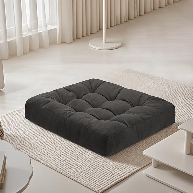 FlyGulls Meditation Floor Pillow 22×22 Inch 1 Pack Large Floor Cushions for Adults Square Tufted Corduroy Floor Pillows for Yoga Living Tatami Room Dark Grey