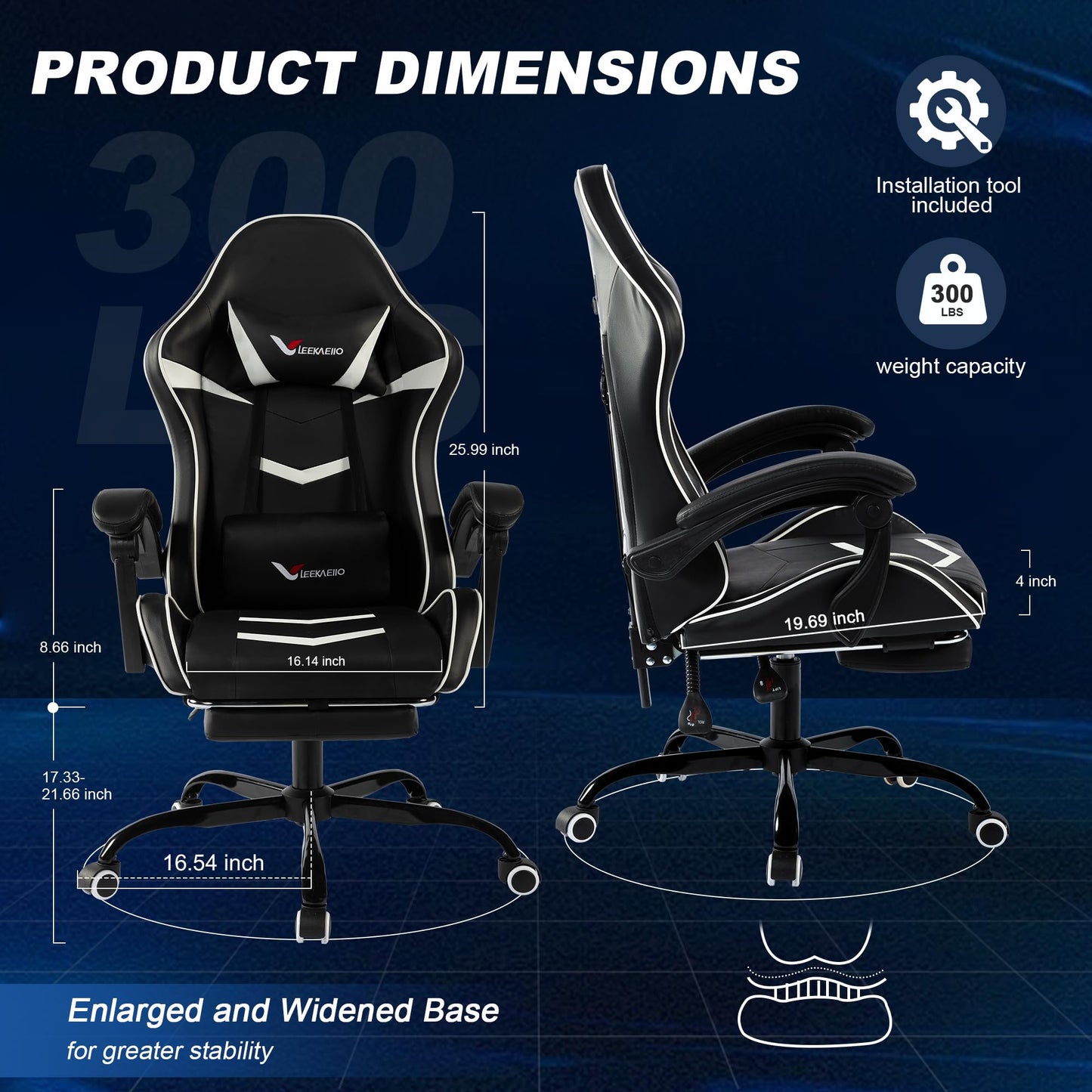 Gaming Chair for Adults, Ergonomic Gamer Chair with Footrest, Spring Pocket Cushion, Computer Office Desk Gaming Chair with Enlarged Metal Base, Linkage Armrests, Lumbar & Headrest (Black & White)
