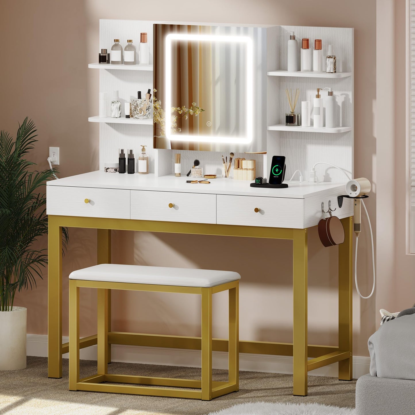DWVO Vanity Desk with Lights, LED Mirror and Power Outlet, Adjustable 3 Color Lights Modes, Dressing Table with Chair, Makeup Table Set with Hidden Storage Shelves, 3 Drawers, Upgraded, White