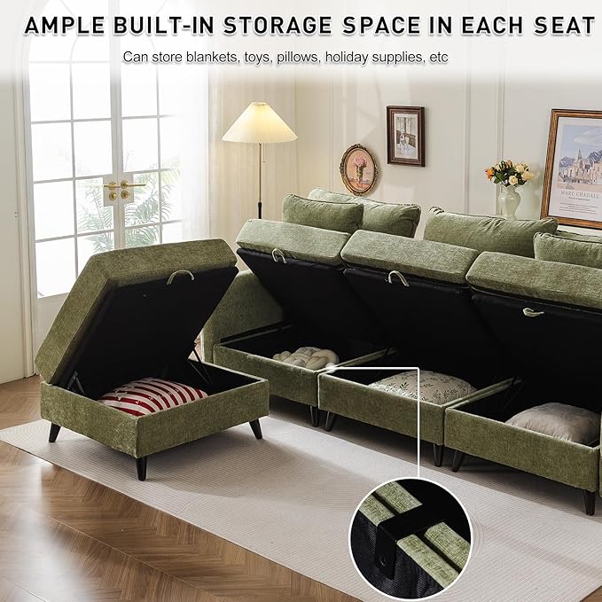 Rexulqo 135'' Modular Sectional Sofa with Storage Seat,Oversized U Shaped Couch with Ottoman,7 Seater Couches for Living Room,Bedroom,Velet,Green