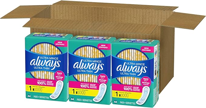 Always Ultra Thin Pads without Wings, Size 1, Regular, 132 Count (3 Packs of 44)