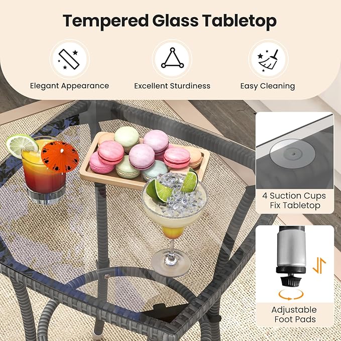 KOTEK 3 Pieces Patio Furniture Set, PE Rattan Outdoor Conversation Set with Tempered Glass Table & Soft Cushions, Wicker Bistro Set for Garden, Porch, Balcony (Off White)