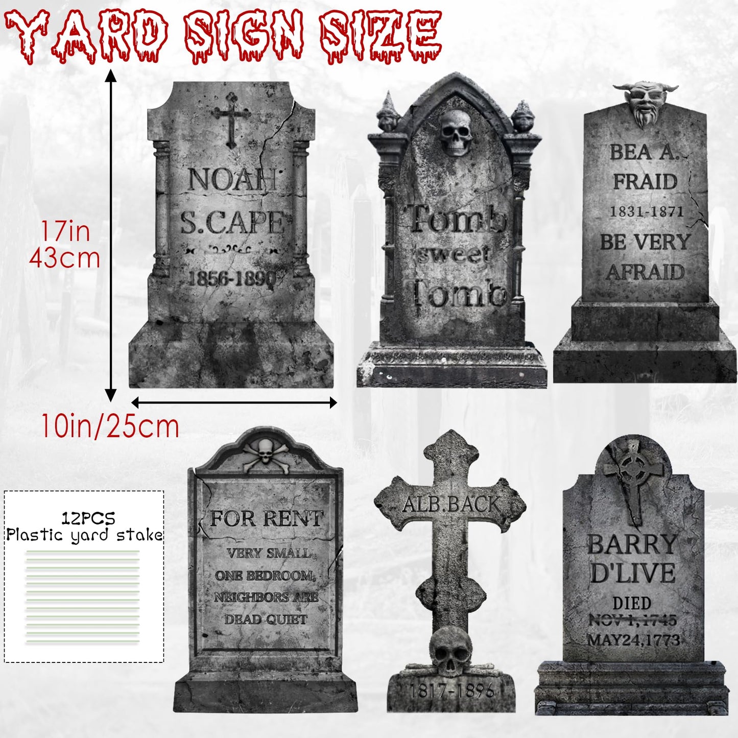 Funny Halloween Graveyard Tombstones Prop Yard Stakes Signs 6 Styles Puns Cardboard Headstones for Cemetery Halloween 17in RIP Graveyard Tombstones Outdoor Props Yard Decorations with Stakes