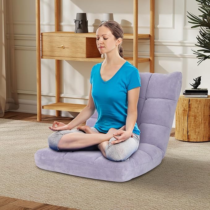 MAT EXPERT 14-Position Floor Chair, Floor Gaming Chair w/Soft Coral Fleece, Alloy Steel Frame, Padded Lazy Couch Recliner, Floor Chair w/Back Support for Reading, Meditating (Light Purple)