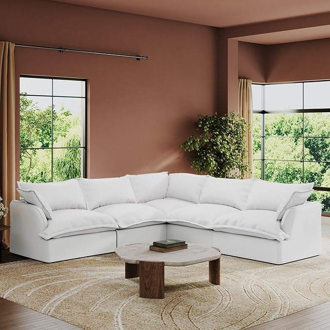 Intuition Decor V Shaped Cloud Modular Sectional Sofa,Down Filled Comfort Couch for Living Room,Corner Couches Deep Seat Convertible Removable Covers Cushion,Cream White