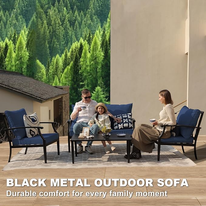 SunloungeCo 4-Piece Patio Furniture Set, Wider Outdoor Metal Seating Sofa with High Back & Loveseat, Coffee Table, All Weather Metal Conversation Set for Backyard, Poolside, Deck-Navy