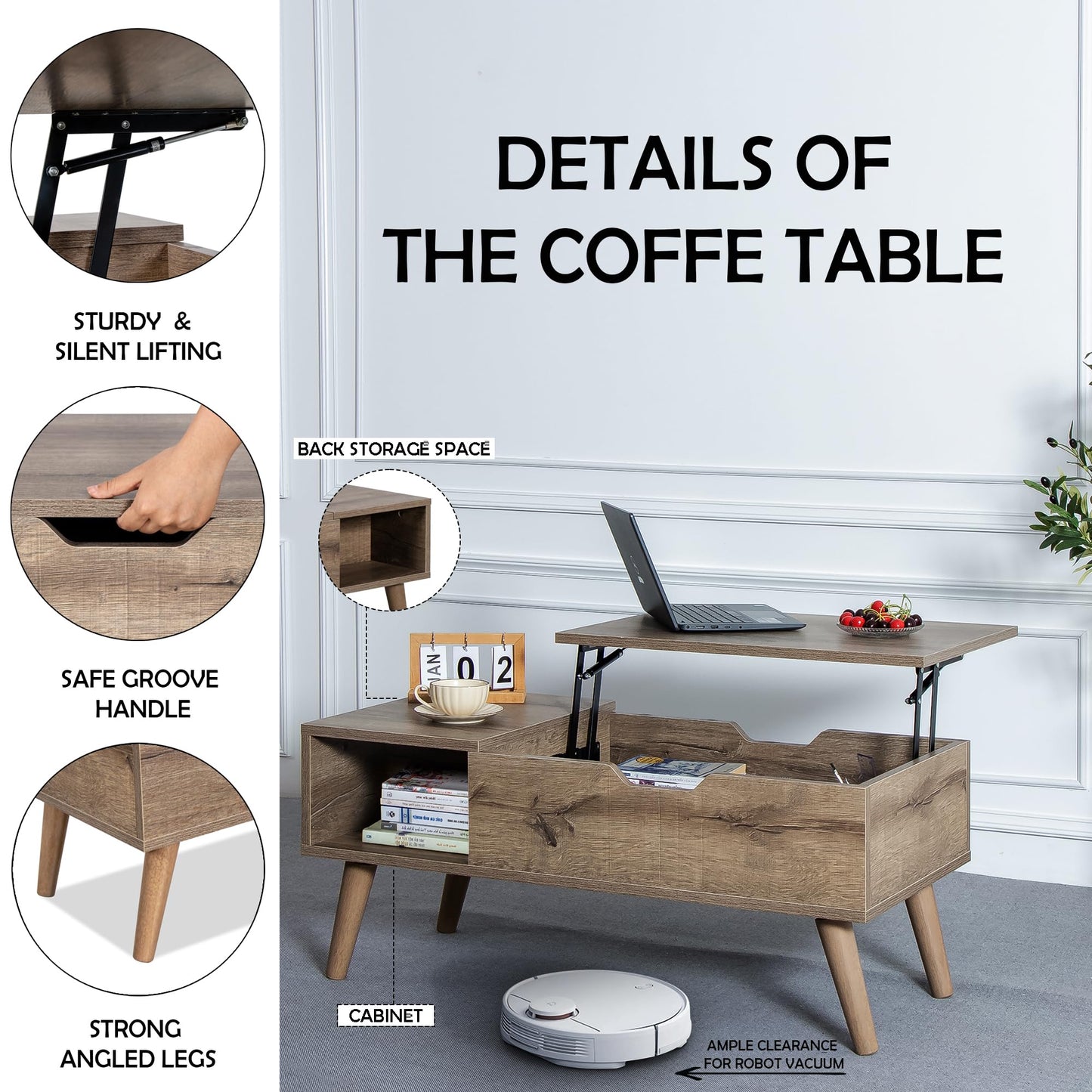 VICTORY RELAX Lift-Top Coffee Table with Hidden Storage and 2 Open Cubbies, Coffee Table with Storage for Living Room, Center Table for Living Room, Designed for Workspace and Relaxation (Grey)