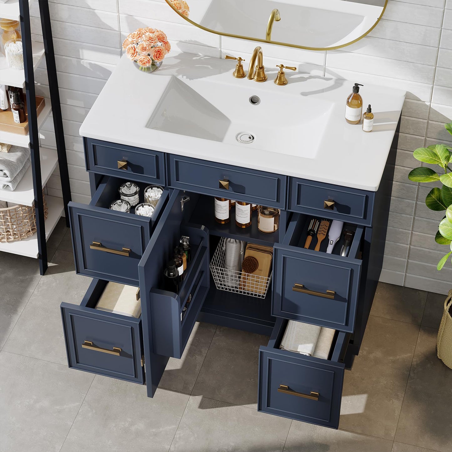 Tribesigns 36 Inch Bathroom Vanity with Sink, Modern Bathroom Cabinet with Soft-Closing Door & 4 Drawers, Adjustable Shelf, Solid Wood Frame Bath Storage Vanity Sink with Metal Handles, Navy Blue