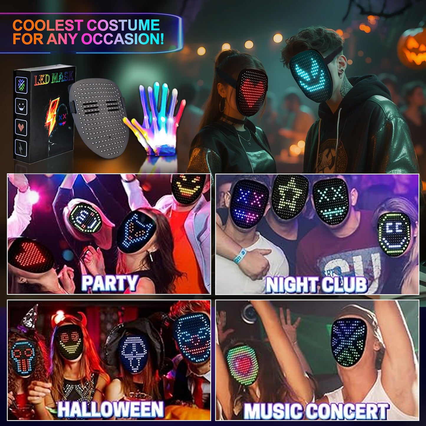 LED-Mask Gloves Halloween-Costumes For Men Adult Teen 2025, Gesture Sensing Rechargeable Light Up Face Cosplay Glow in Dark, Purge Terrifier Scary Cool Birthday Gifts For Kids Boys Girls Age 8 9 10+