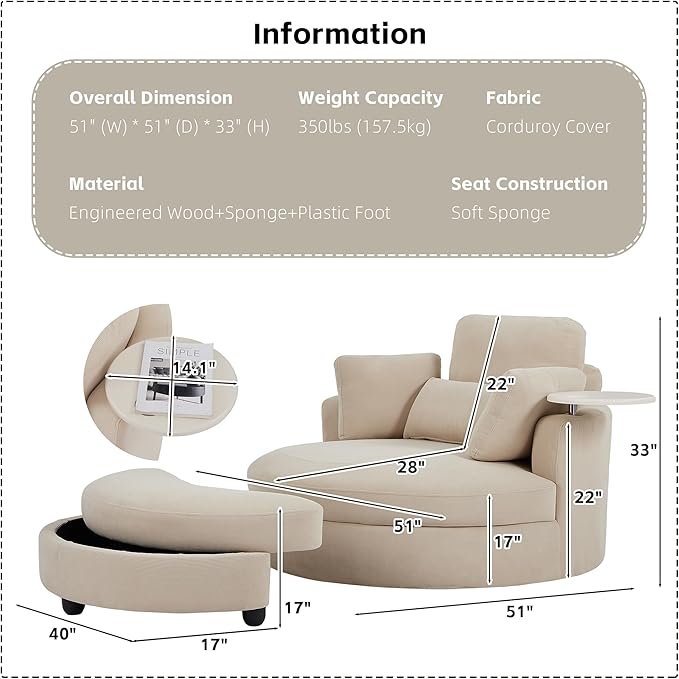 Yoglad Oversized Round Swivel Accent Chair - 360 Degree Chairs with Ottoman Armrest Tray Ideal for Living Room, Bedroom(Corduroy Beige)