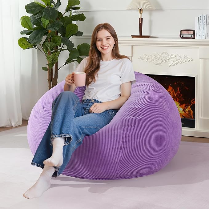 Homguava 3.5FT Bean Bag Chair: Teardrop Bean Bags with Memory Foam Filled, Compact Beanbag Chairs Soft Sofa with Corduroy Cover (Purple)