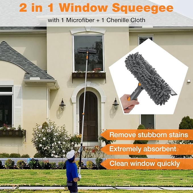 12Ft Window Squeegee with Extension Poles, 2-in-1 Window Cleaning Kit with Telescopic Pole, Extra-Large 14" Window Squeegee, Window Cleaner Tool with Adjustable Head, for High Window, Glass, RV