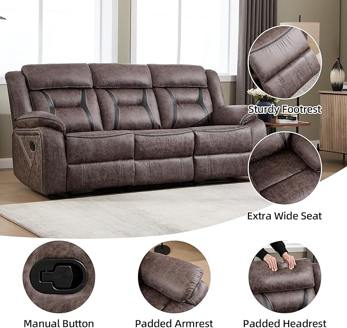 EBELLO Manual Recliner Sofa Set, Faux Leather Reclining Living Room Furniture Set, Included Loveseat and 3 Seat Manual Recliner Sofa, Grey(Loveseat+Sofa)