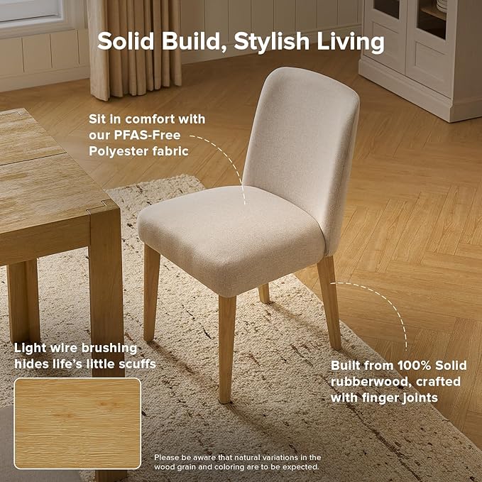 mopio Logan Upholstered Beige Parson Dining Chair Set of 2, Modern Farmhouse Solid Light Oak Wood with Ergonomic Curved Back Rest for Dining Room and Kitchen