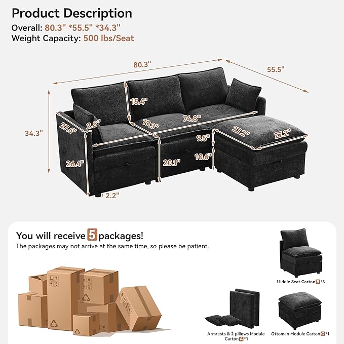 80" Cloud 3 Seater Sectional Modular Couch with Storage Ottoman, Upholstered Storage Sofa Modern Couch Deep Seat, Chenille L Shape Sofa Comfy Couches with Armrests for Living Room, Small Space, Black