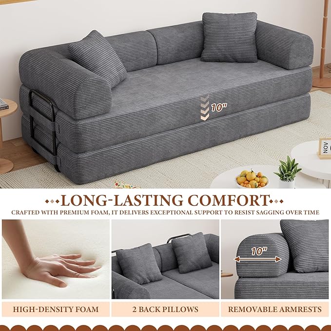 77" Convertible Sofa Bed, Modular Folding Futon Corduroy Floor Foam Compressed Loveseat Sleeper Sofa Couch, Pull Out Queen Size Couch Bed with 2 Pillows for Living Room Guest Room Studio, Dark Grey