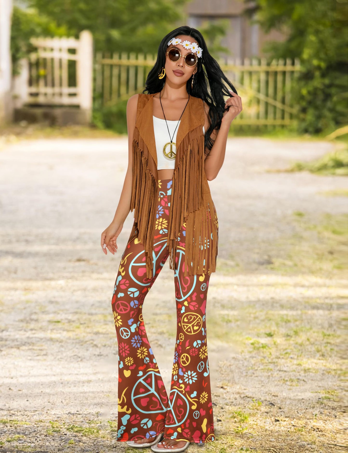 GERVAISE Womens 60s 70s Outfit Disco Hippie Costume Fringe Vest Boho Pants Accessories Set (Brown, Medium)