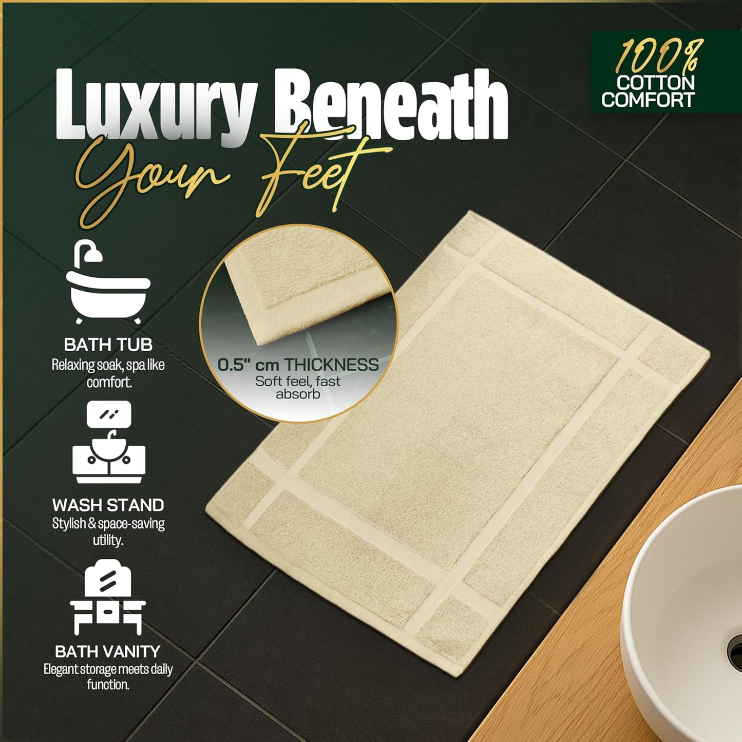 Pearl Linens Pack of 2 100% Cotton Bath Mat 18x25 inches, Soft & Absorbent Quick Dry Bathroom Mat Set, Not Bathroom Rugs, After Shower Mat, Bath Tub Mat, 687 GSM, Machine Washable, Beige