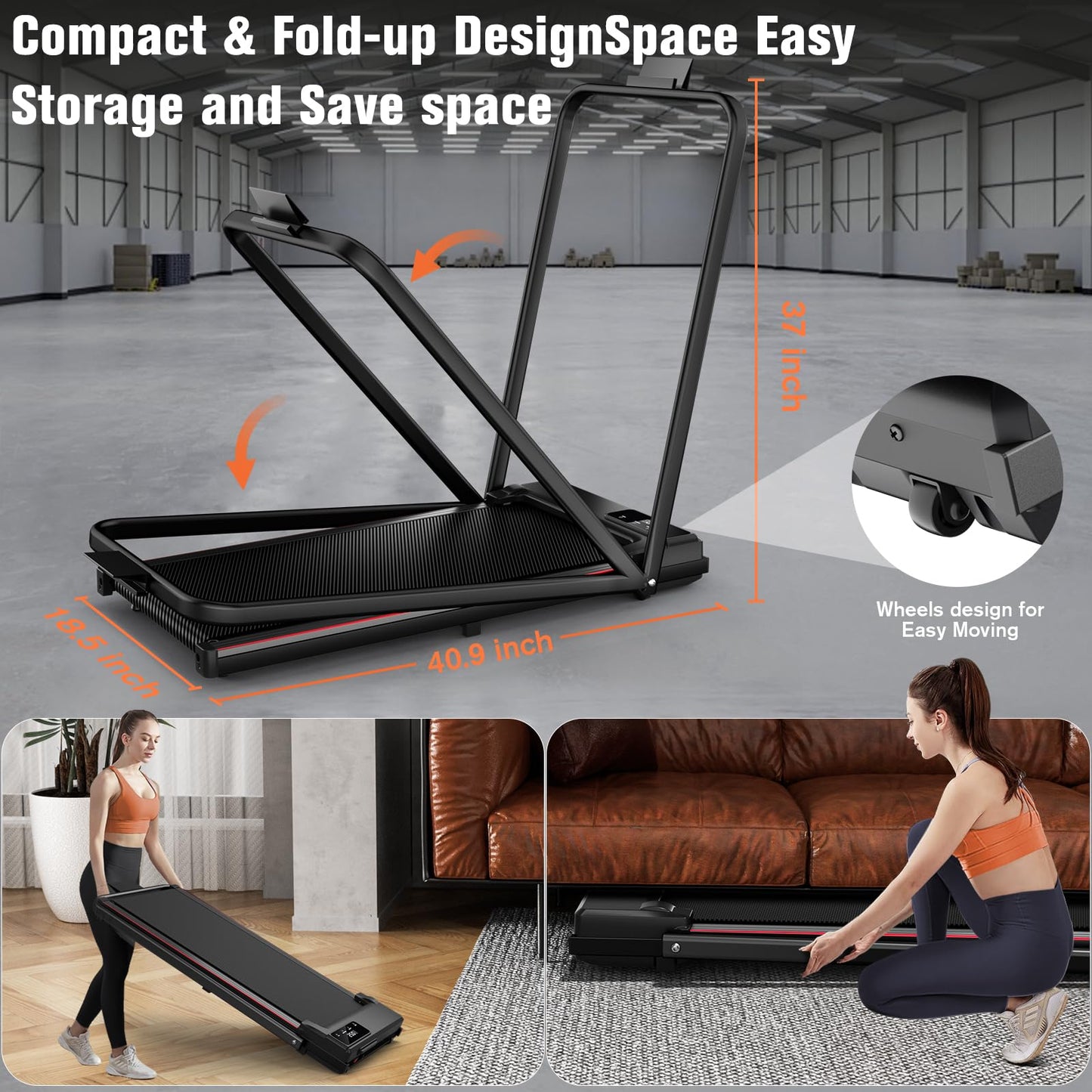 Treadmill with Incline, Small Walking Pad with Handle Bar, Under Desk Treadmill for Home Office 300 Lbs Capacity, Remote Control&APP, Black (M)