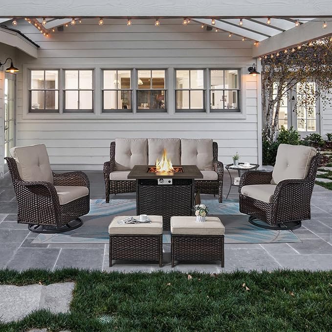 Belord Outdoor Patio Furniture Set with Propane Fire Pit Table, 7 Pieces Wicker Patio Conversation Set with 2 Swivel Glider Rocker Chair Rattan Sofa Beige Cushion Perfect for Casual Gathering