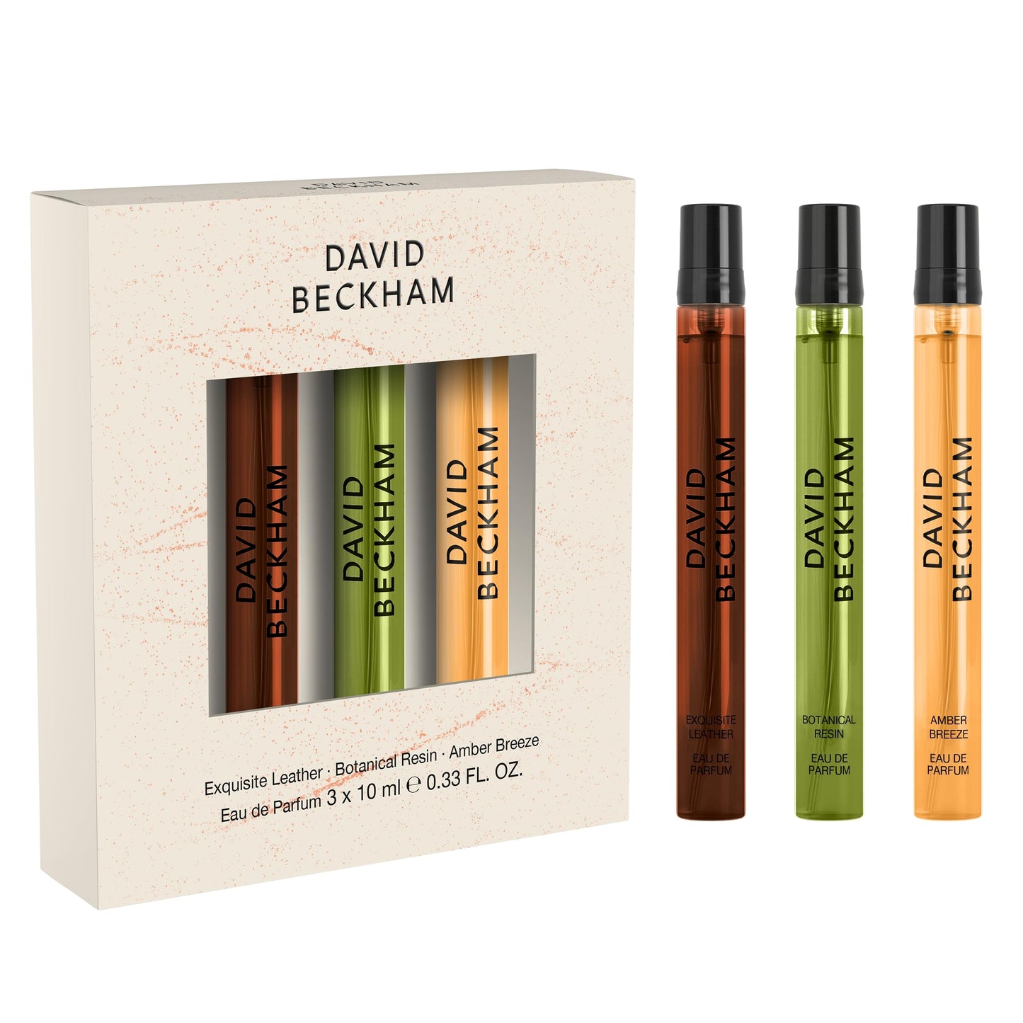David Beckham 3 Piece Discovery Giftset - Exquisite Leather, Botanical Resin, Amber Breeze 0.33 fl oz Pen Sprays, Men's Fragrance, Long Lasting, Sporty Fragrance, Travel Size