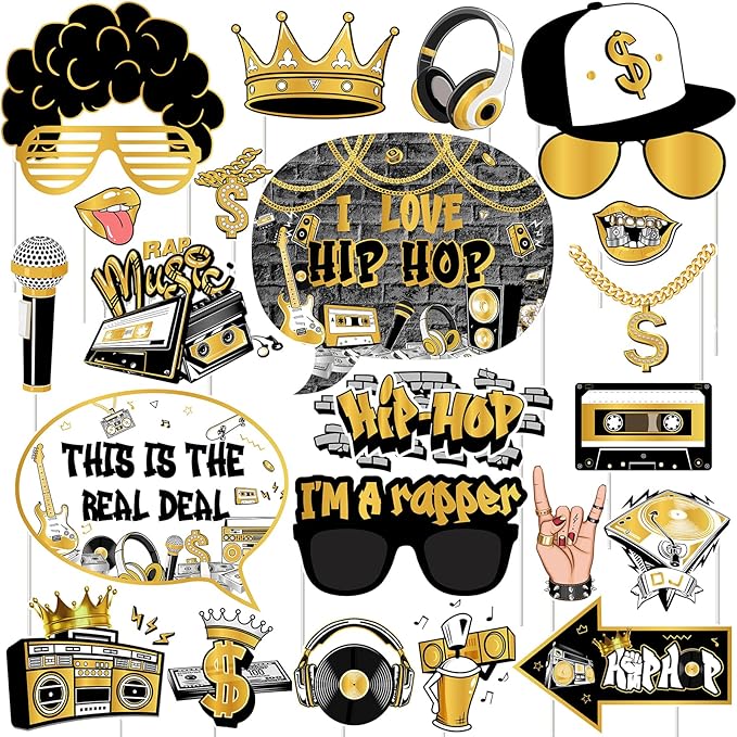 Cheereveal Golden and Black Hip Hop Photo Booth Props - 24 Pieces Retro Rock and Roll 90s Disco Music Themed Birthday Bach...