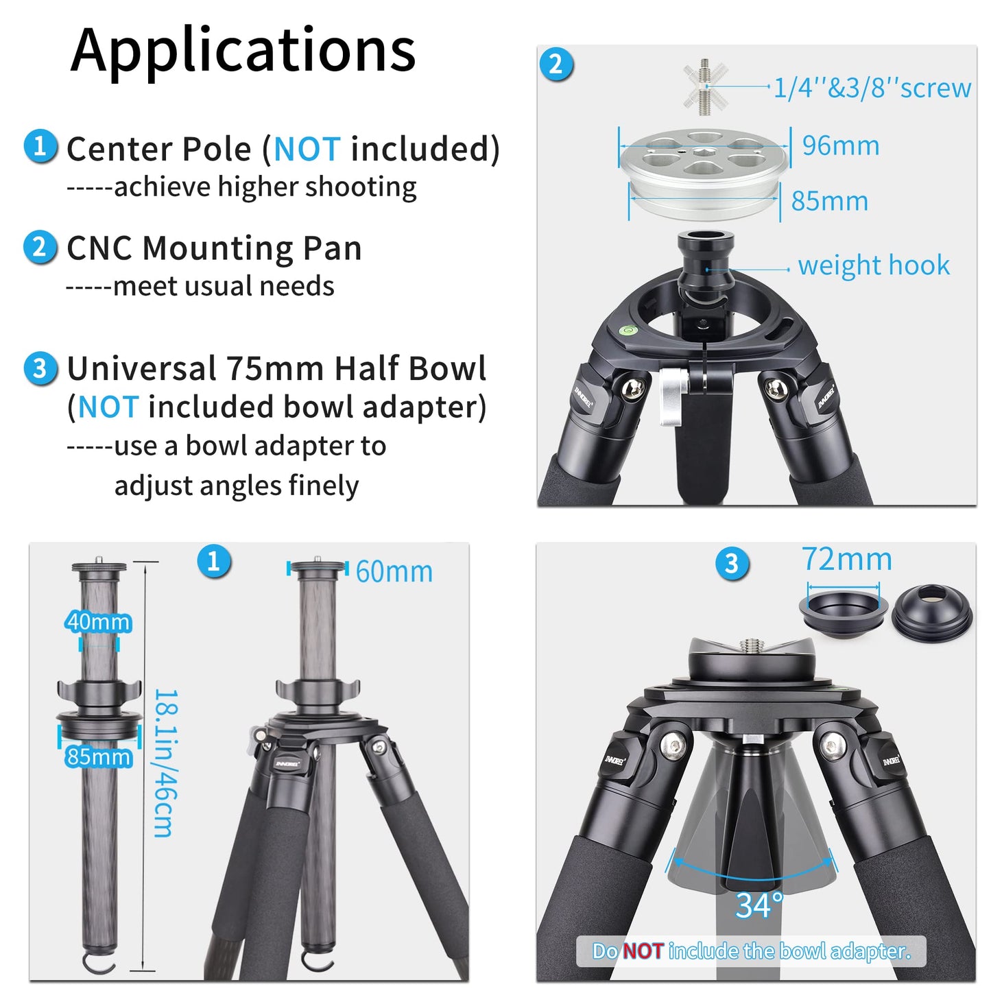 Carbon Fiber Tripod INNOREL RT90C Bowl Tripods Professional Heavy Duty Camera Stand for DSLR Cameras Compatible with Ball Head and Fluid Head, 63 inch, 40mm Tube 40kg Load Black