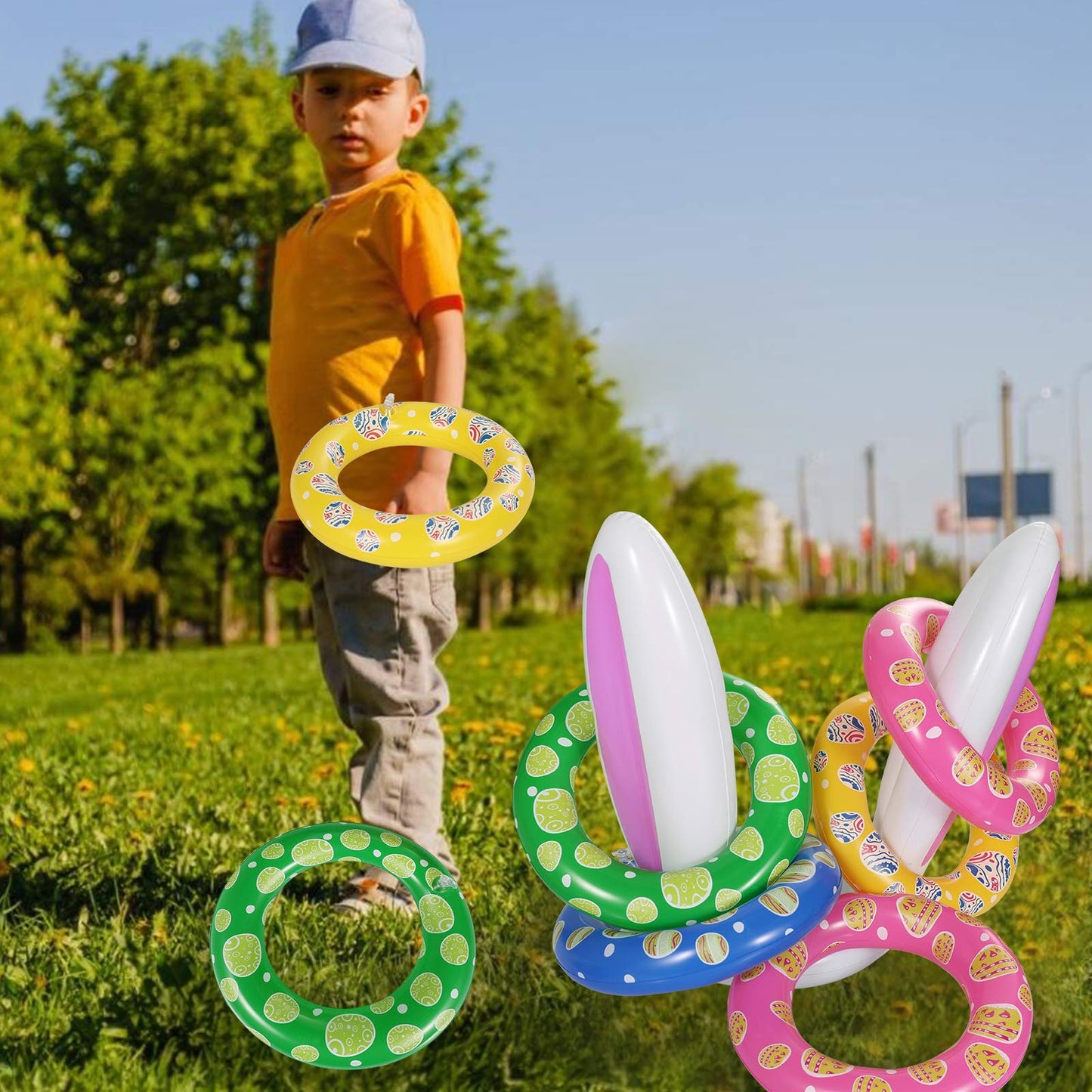 Max Fun Easter Inflatable Bunny Ring Toss Games Inflatable Toss Game for Easter Party Favors Indoor Outdoor Games (Easter Bunny Ears Ring Toss)