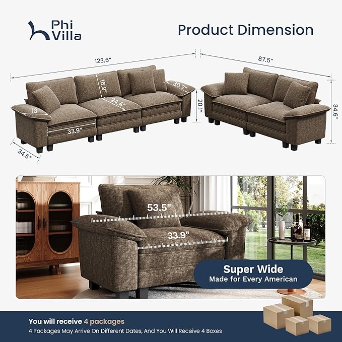 PHI VILLA Cloud Modular Couches Sets, 2 Pieces Comfy Sectional Sofa Set with Loveseat, 5-Seater Upholstered Couch for Living Room, Chenille Fabric, Taupe