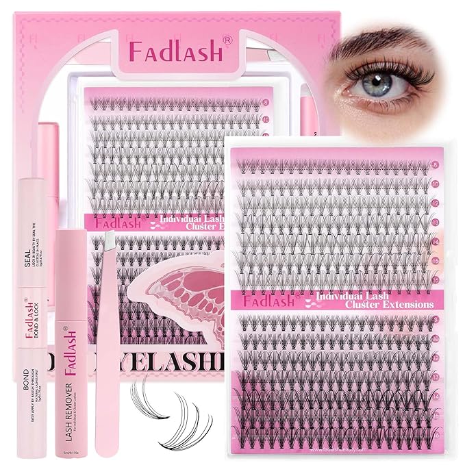 FADLASH Lash Clusters Kit 8-16mm Eyelash Cluster Lashes with Lash Bond and Seal Lash Remover Lash Tweezers DIY Lash Extension Kit (10D+20D-07C-8-16 Kit)