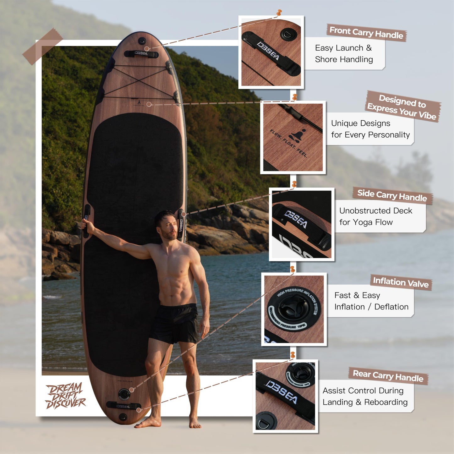 D3SEA 11 ft Inflatable Paddle Board with SUP Accessories, Extra Long Non Slip EVA Deck with Yoga Alignment Lines, Extra Wide Yoga SUP for Adults (Timber Noir, 11' × 35" × 6")