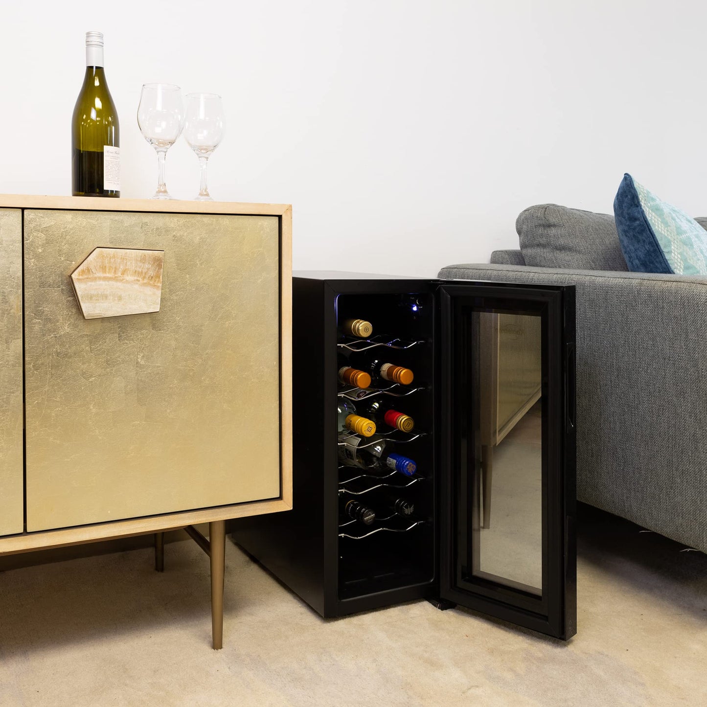 Koolatron Wine Fridge - Wine Cooler, 12 Bottle Wine Cabinet for Champagne, Red & White Wine, Freestanding Cellar For Bar, Home, Small Kitchen, Double Paned Glass Door