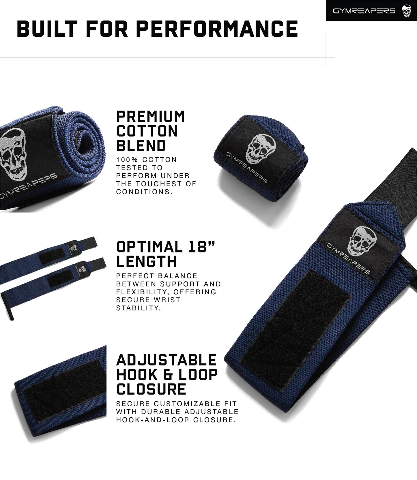 Gymreapers Weightlifting Wrist Wraps (Competition Grade) 18" Professional Quality Wrist Support with Heavy Duty Thumb Loop - Best Wrap for Powerlifting, Strength Training, Bodybuilding(Navy,18")
