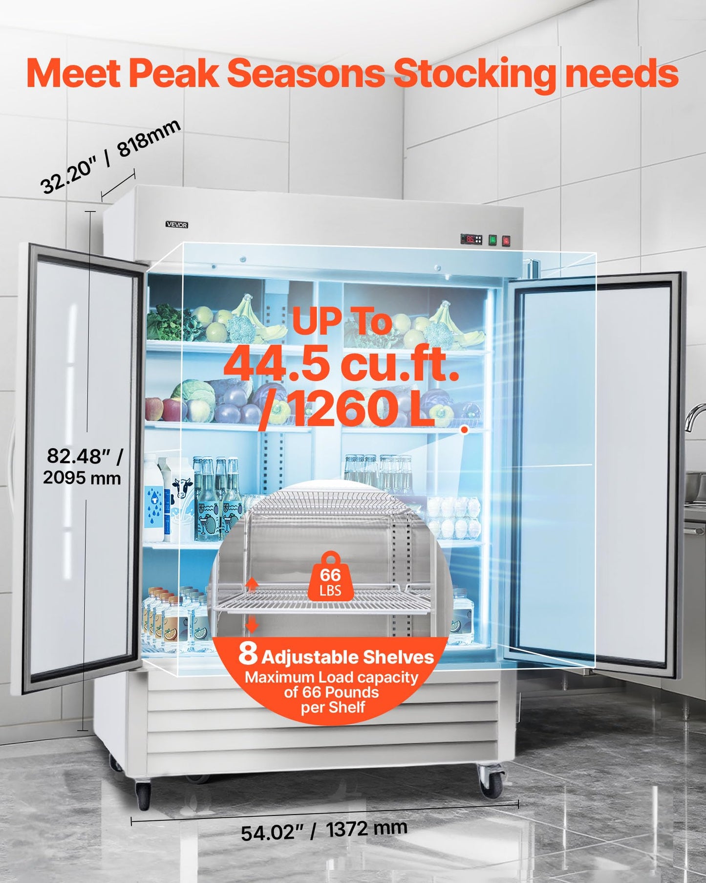 VEVOR Commercial Reach-In Refrigerator 54" W, 44 Cu.Ft Stainless Steel Upright Refrigerator with Double Glass Doors, Auto-Defrost, 8 Adjustable Shelves, 32 to 50℉ Temp Control, ETL Certified
