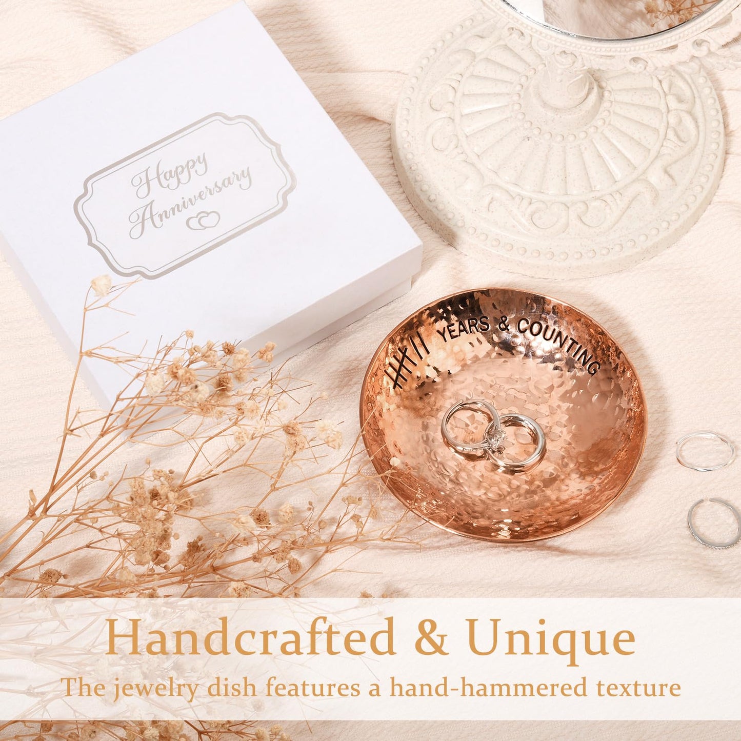 CEELGON 7th Wedding Anniversary Copper Gifts 4" Engraved Jewelry Tray Copper Decorative Dish for Couples Wedding Gift for Him or Her