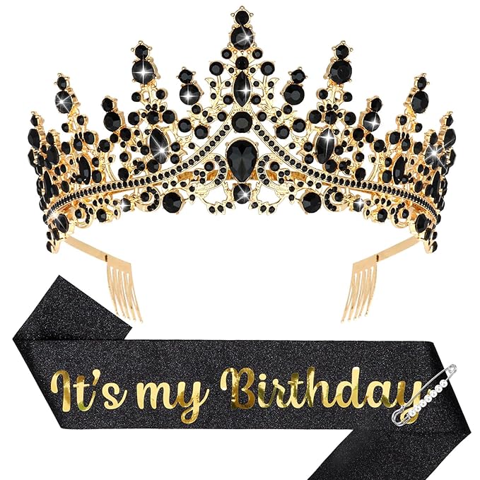 Crown and Glitter Sash for Adult Women - Princess Tiara, Hat, Headband for Birthday Parties - Black Decorations