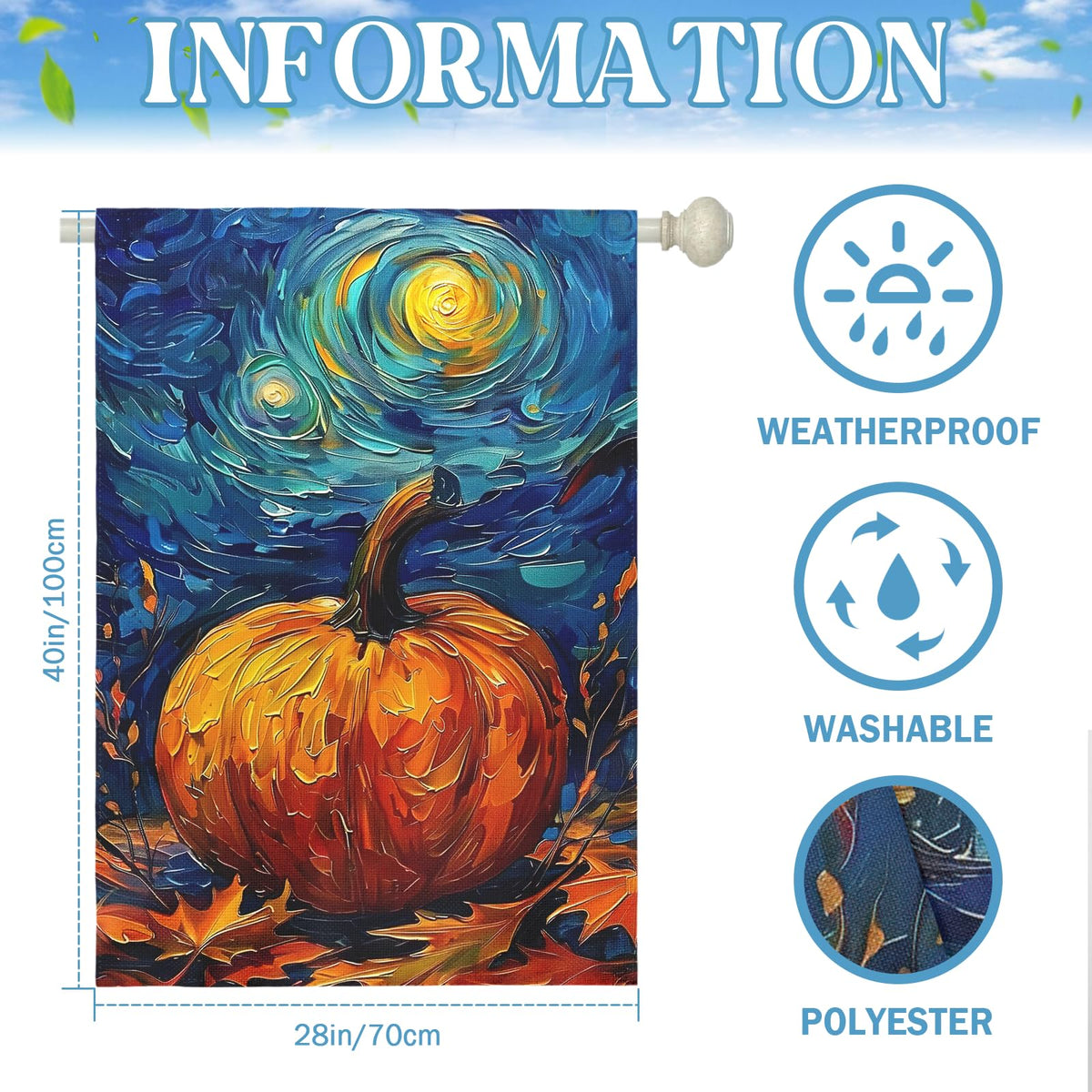 Dacawin Fall Garden Flag Pumpkin Maple Leaf Yard Flags Van Gogh Wall Banners Art Starry Night Sky Moon Garden Flags Autumn Harvest Thanksgiving House Banner for Patio Farmhouse Outdoor 28 x 40 Inch