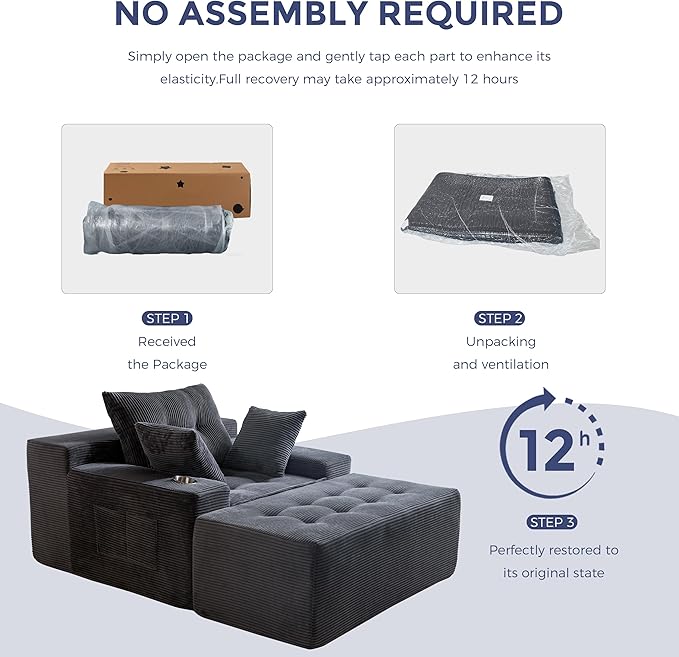 MAXYOYO Modular Sectional Chaise Lounge Sofa, Upholstered Lounge Chair with Pillows Indoor, Tufted Boneless Sofa Couch with Ottoman, Deep Seat Sleeper Chair for Living Room, No Assembly, Grey
