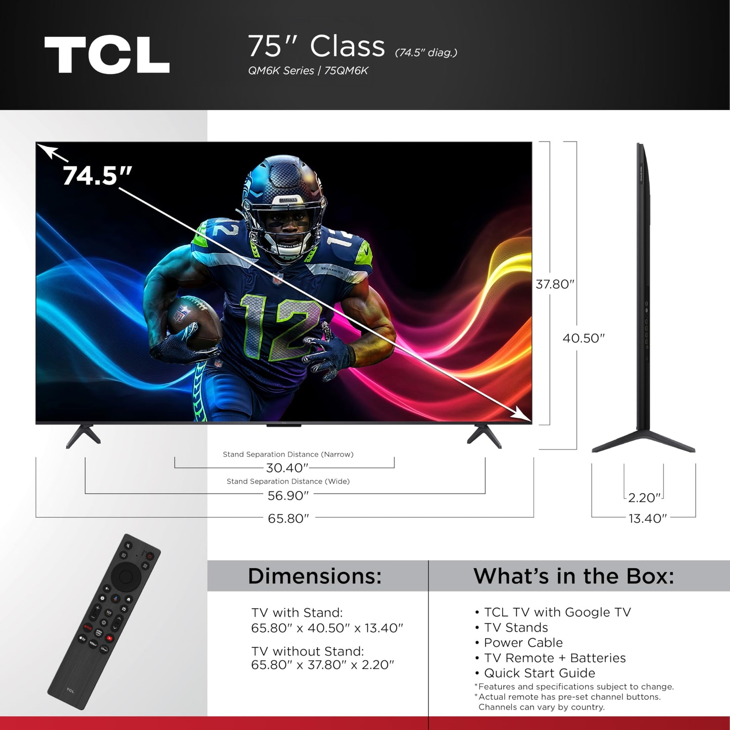 TCL 75 Inch Class QM6K Series | Mini LED QLED 4K HDR | 75QM6K, 2025 Model | 120HZ-144HZ High Brightness Smart Google TV Dolby Atmos Onkyo Audio | Voice Remote Alexa Gaming Streaming Television